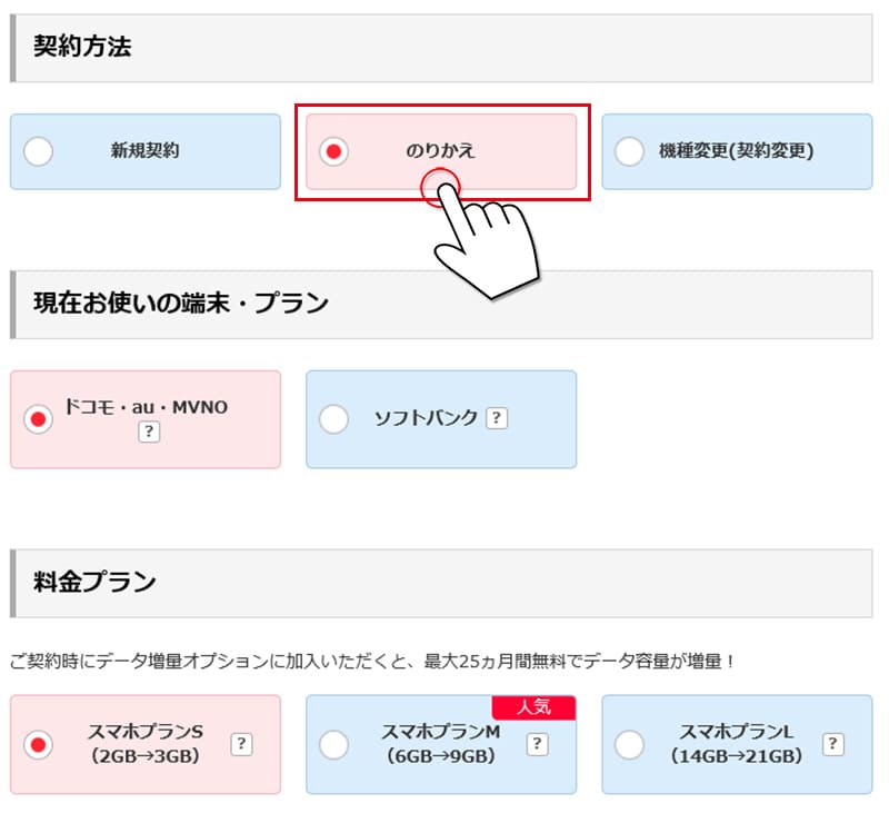 Y!mobileの申し込み画面の画像